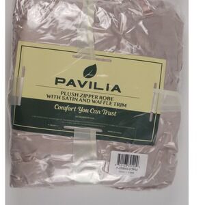 Pavilia Womens Plush Zipper Robe Satin Waffle Trim Taupe NWT